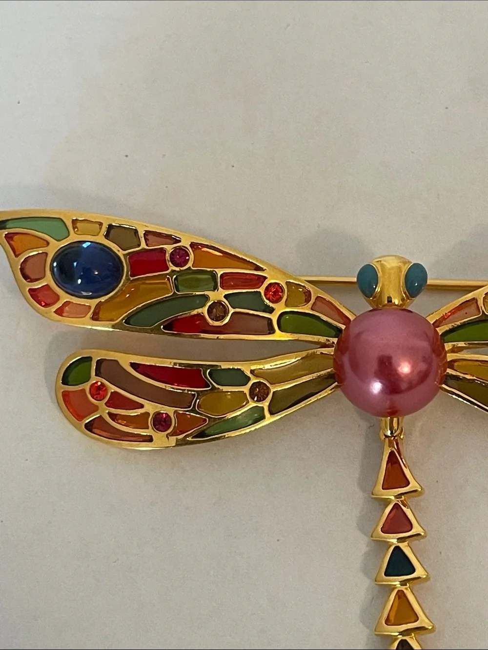 Vintage Joan Rivers Dragonfly Brooch Stained Glass Cabochons Enamel Rhinestones